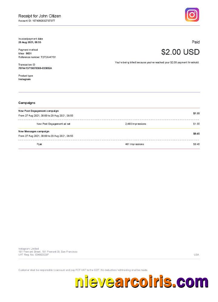 USA Instagram invoice